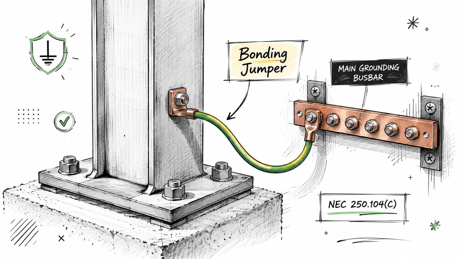 A technical diagram illustrating the proper bonding of a structural steel column to a main grounding busbar.