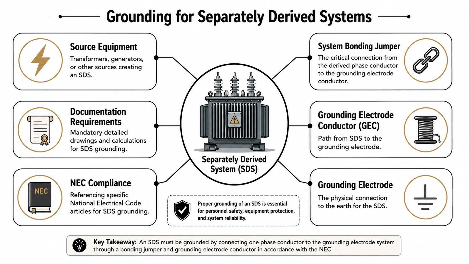 An infographic showing the core components and requirements for grounding a separately derived system in electrical installations.