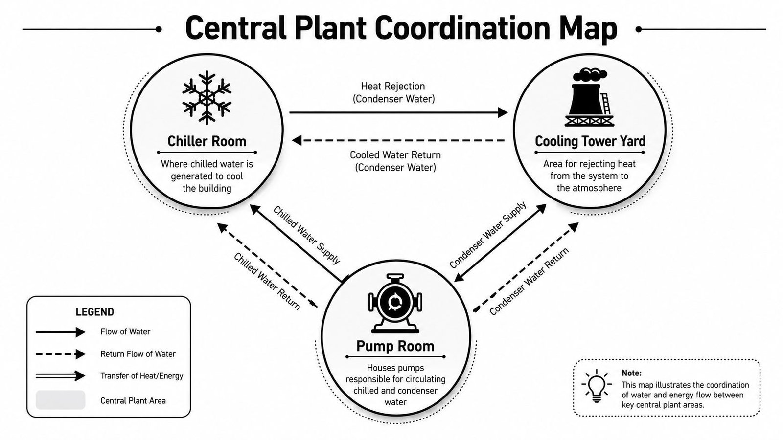 A diagram illustrating the coordination and energy flow between a chiller room, cooling tower, and pump room.