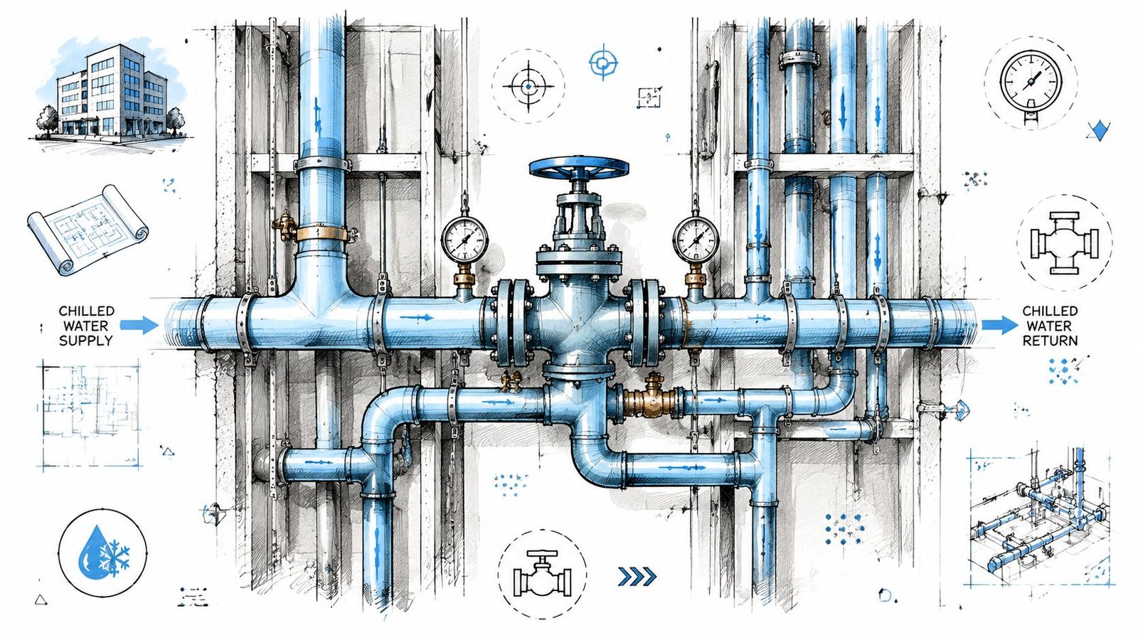 A detailed technical illustration of a chilled water HVAC piping system with valves, gauges, and blueprints.