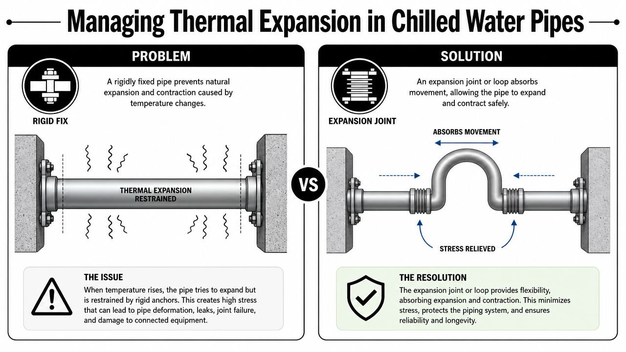 A diagram comparing a rigid chilled water pipe fixation causing stress versus a flexible expansion loop solution.