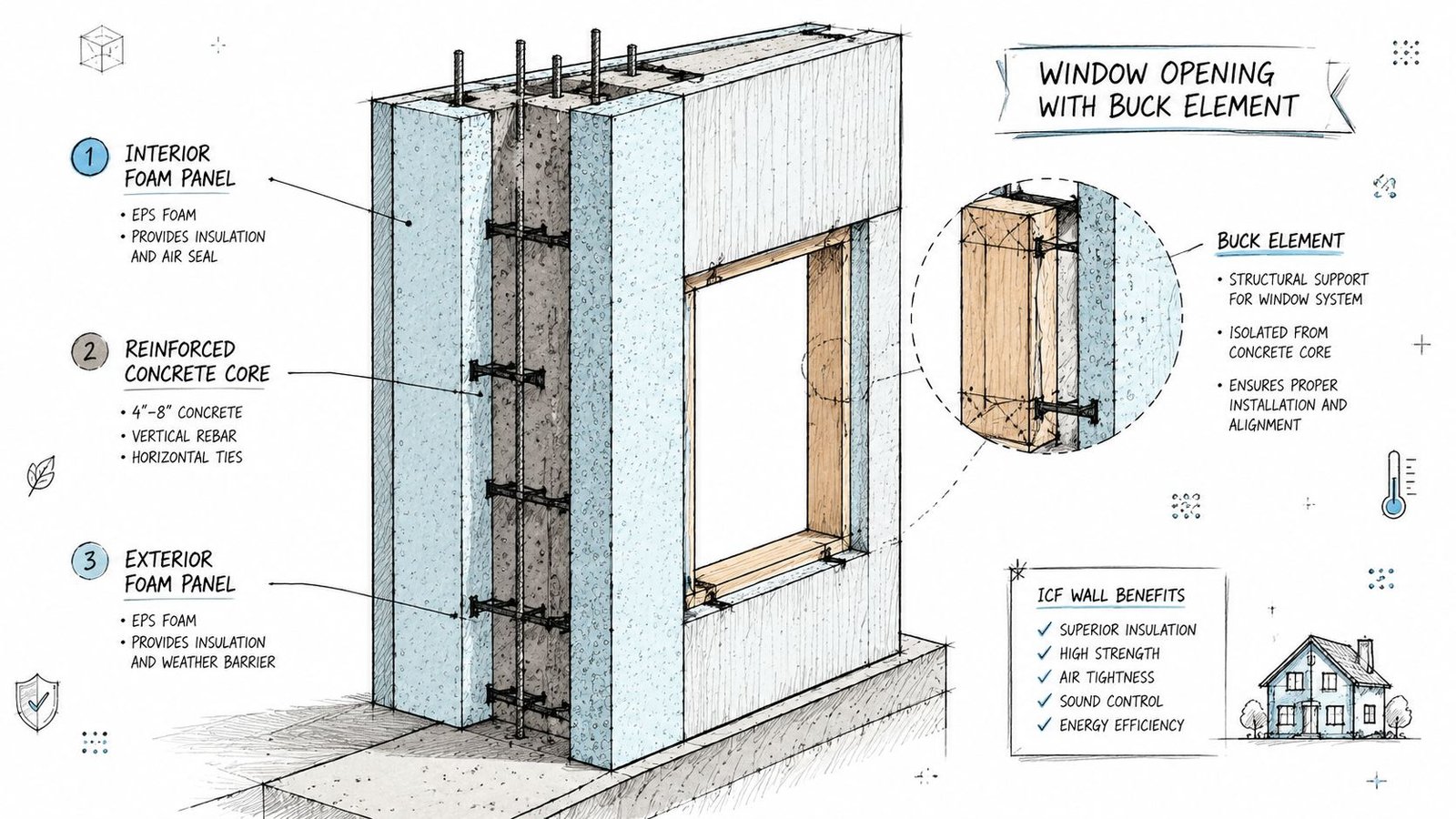 A diagram illustrating the construction of an Insulated Concrete Form (ICF) wall with a window buck element.