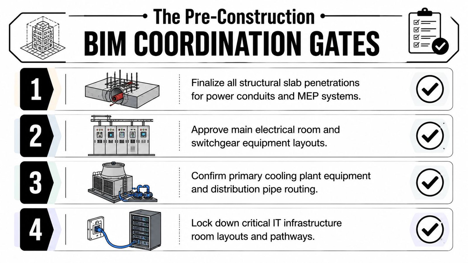 A visual guide outlining four essential pre-construction BIM coordination gates for complex building and infrastructure projects.