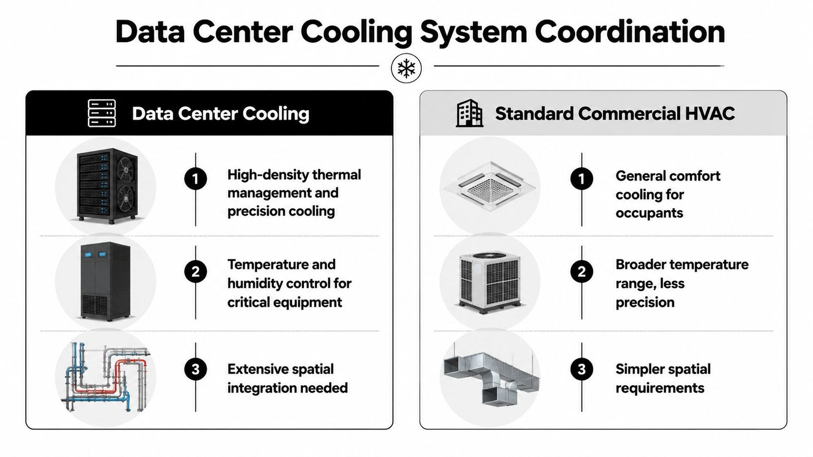 A comparison chart showing key differences between data center cooling systems and standard commercial HVAC systems.