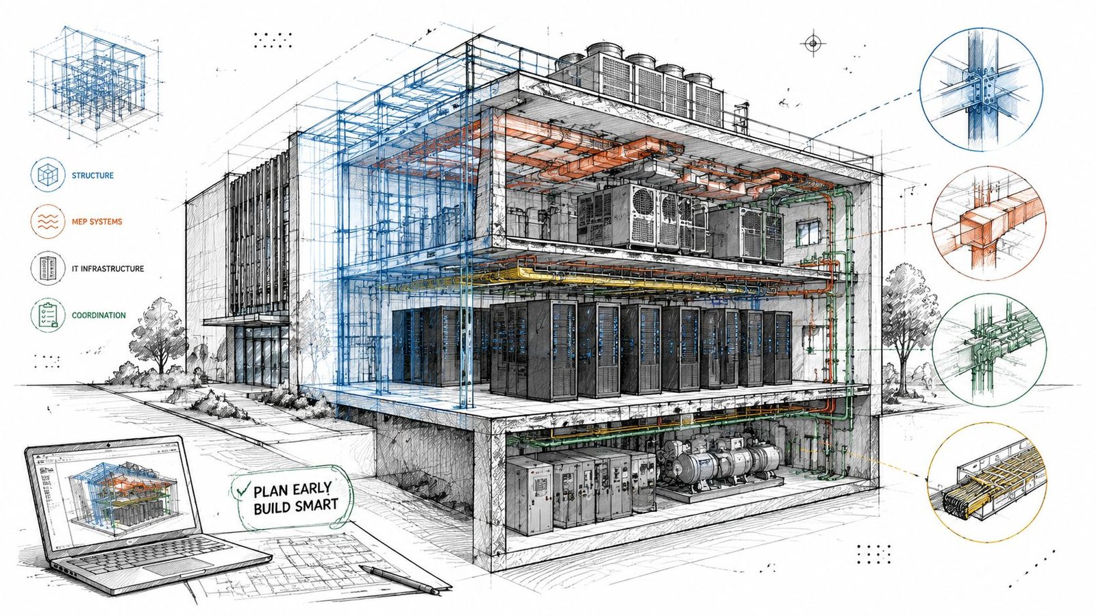 A detailed technical drawing illustrating the integrated construction design process for a modern data center facility.
