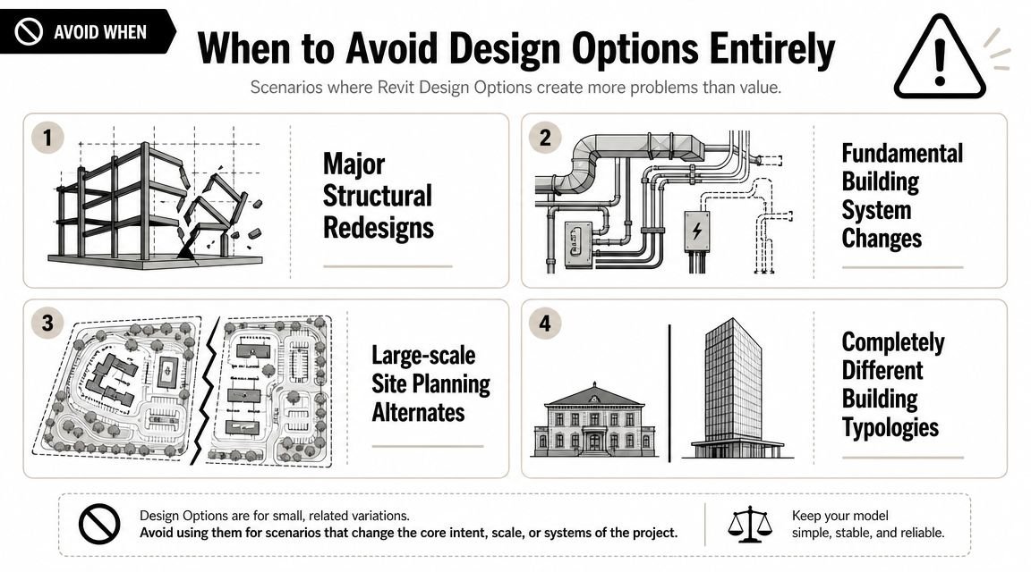 An infographic detailing four scenarios in Revit where design options should be avoided to ensure model stability.