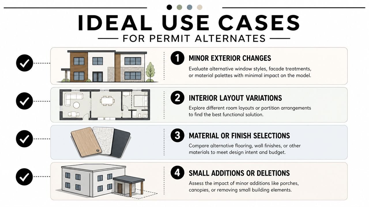An infographic illustrating four ideal use cases for permit design options in architectural project modeling software.
