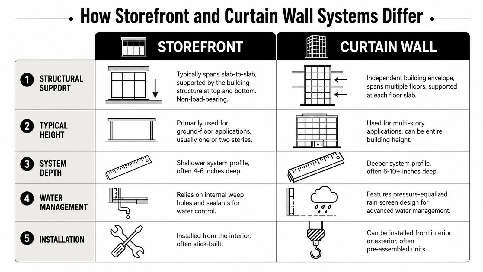 A comparison chart outlining the key structural, functional, and installation differences between storefront and curtain wall systems.