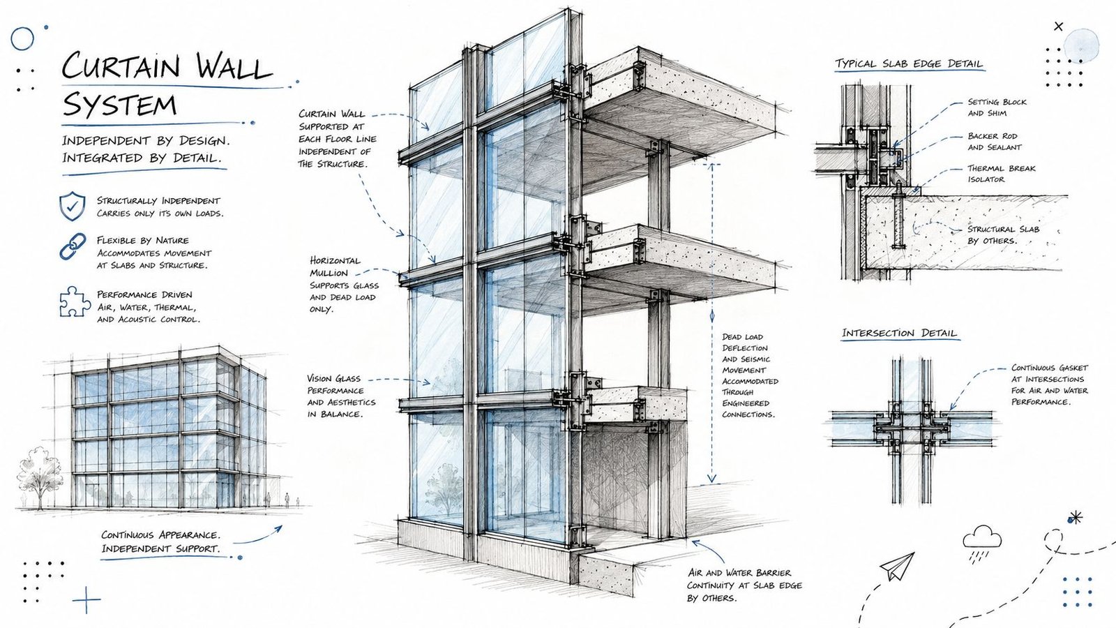 A detailed technical drawing illustrating the components and structural design of a modern building curtain wall system.