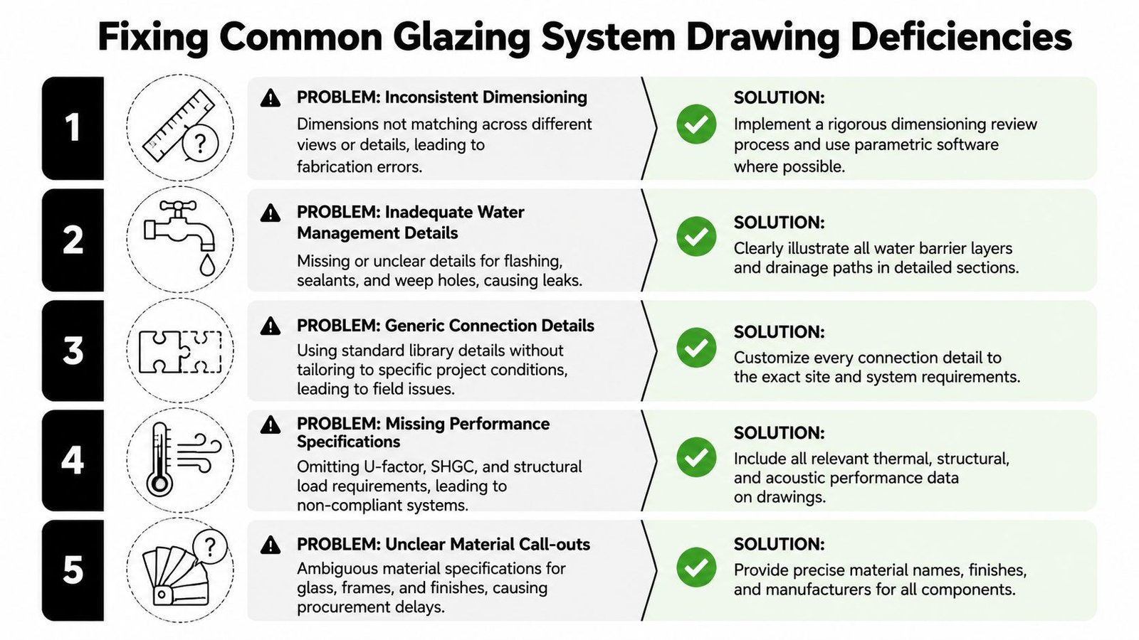 An infographic titled Fixing Common Glazing System Drawing Deficiencies listing five problems and solutions for architectural drawings.