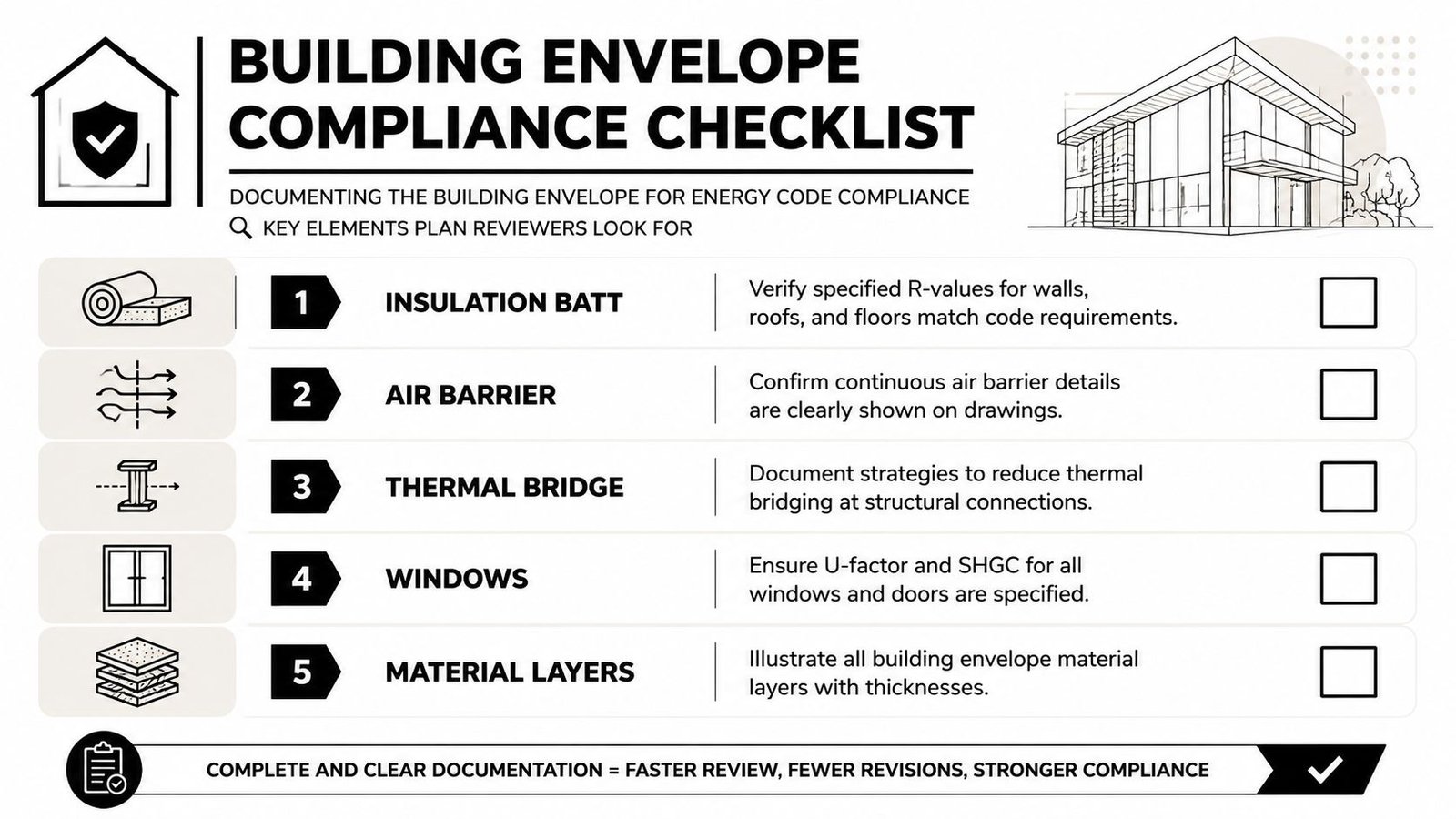 A checklist outlining key documentation elements for building envelope energy code compliance for architectural plan reviewers.