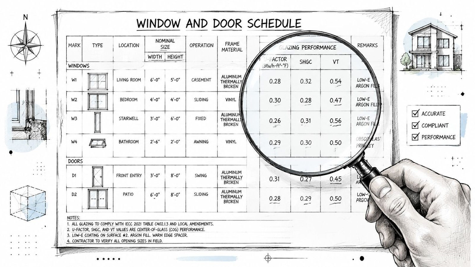 A magnifying glass inspecting a detailed architectural window and door schedule on a technical drawing plan.