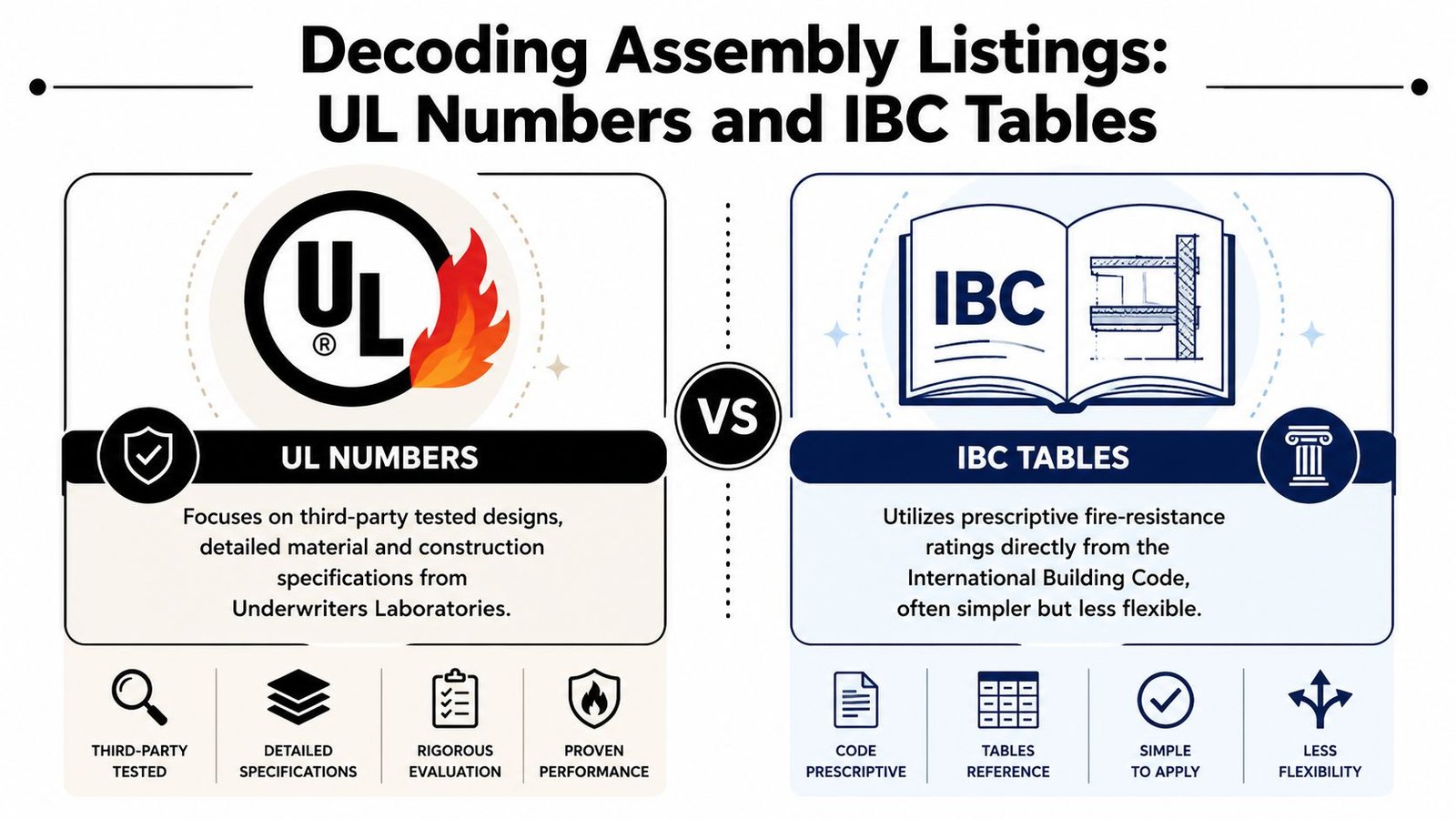 An infographic comparing UL numbers for tested designs and IBC tables for prescriptive fire-rated assembly codes.