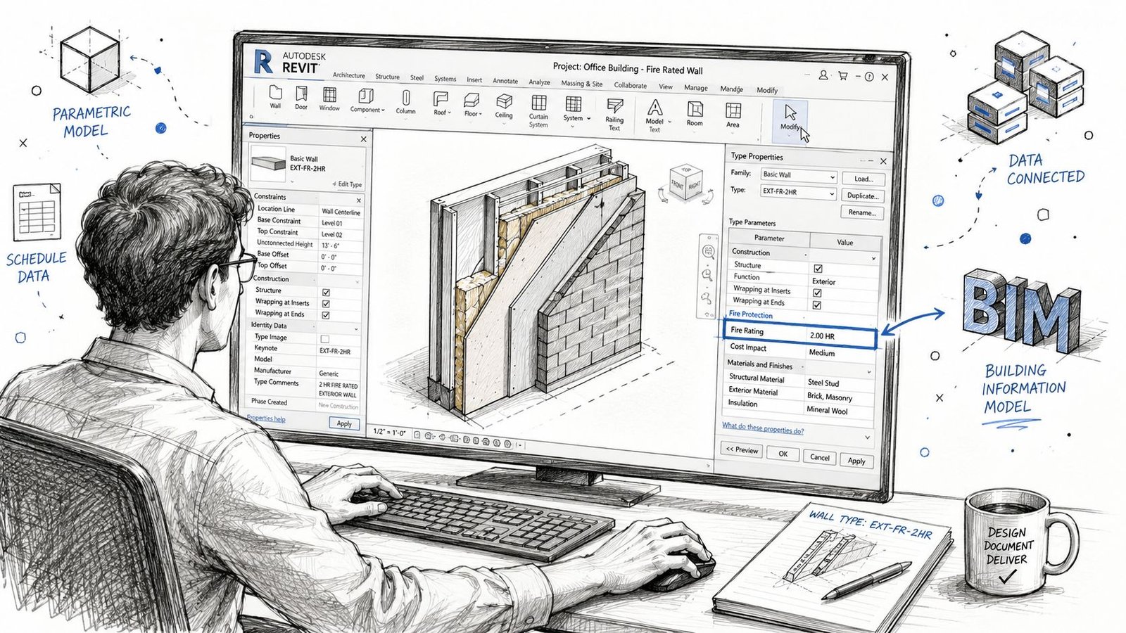 A digital illustration showing an architect using Revit software to design a detailed fire-rated wall assembly.