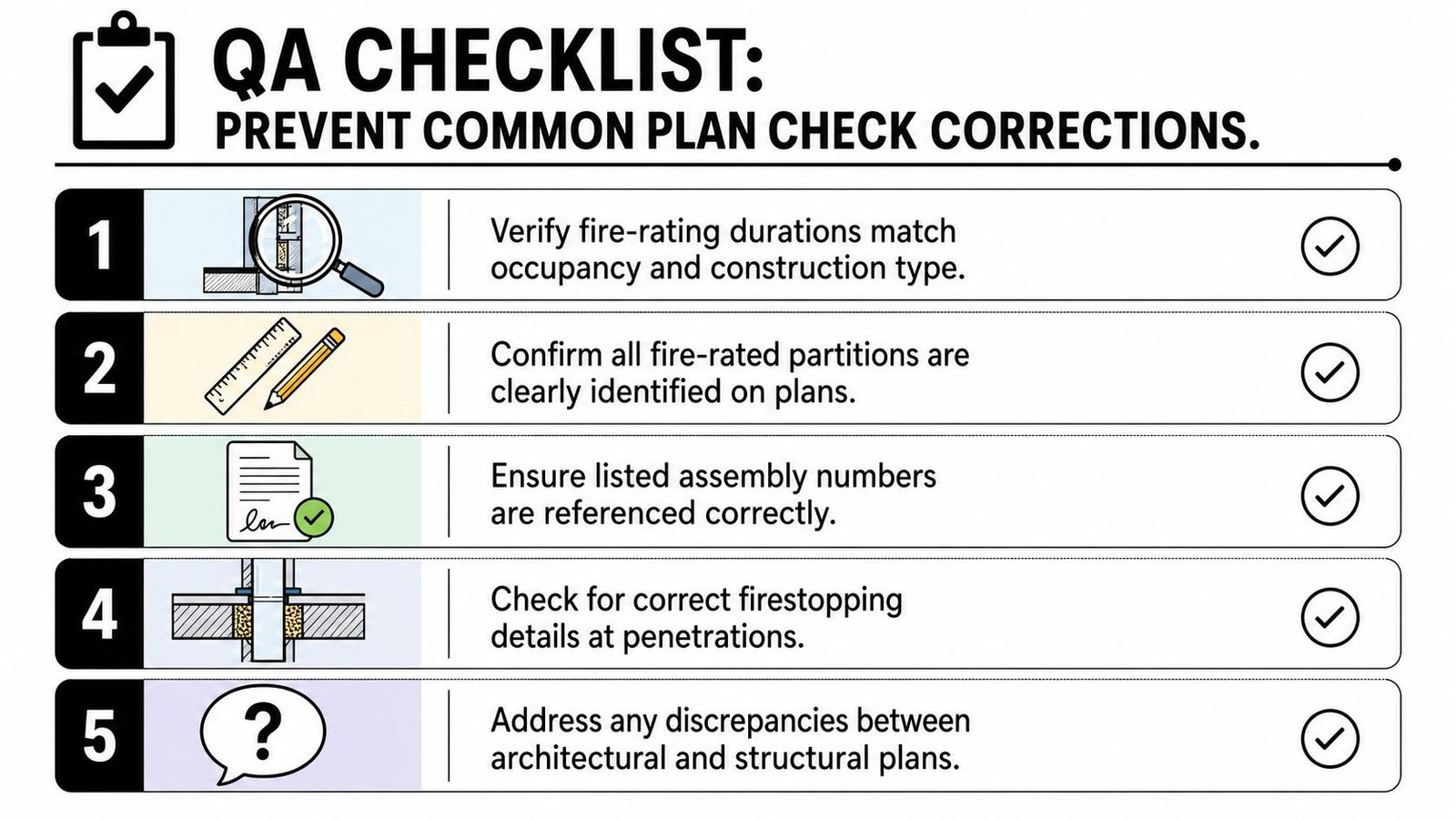 A five-point QA checklist for preventing common plan check corrections regarding fire-rated wall assemblies and construction safety.