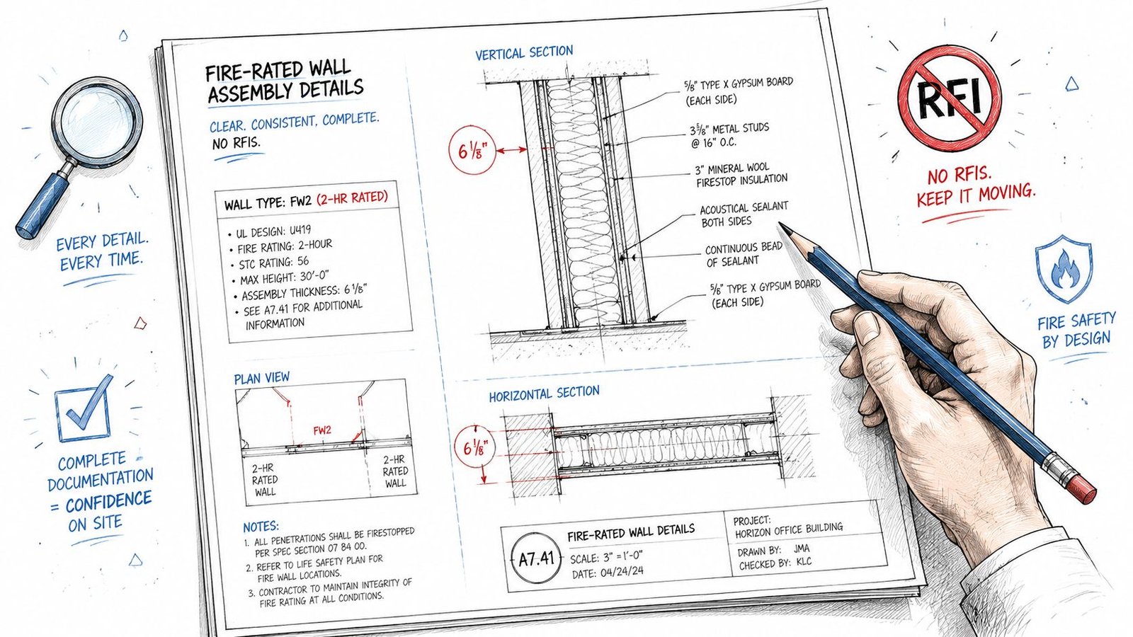 A detailed technical drawing of a two-hour fire-rated wall assembly with sections, notes, and construction specifications.
