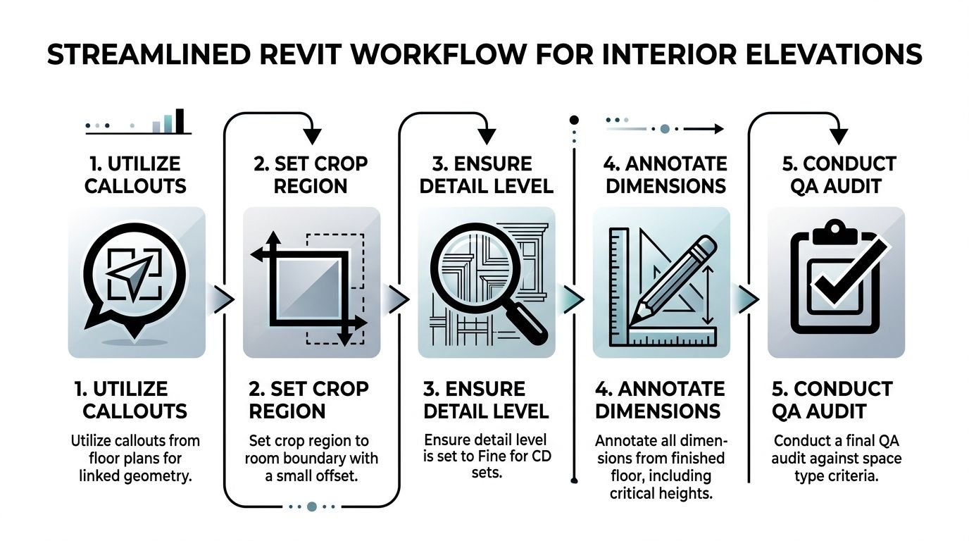 A five-step infographic showing a streamlined Revit workflow for creating professional interior elevation drawings.