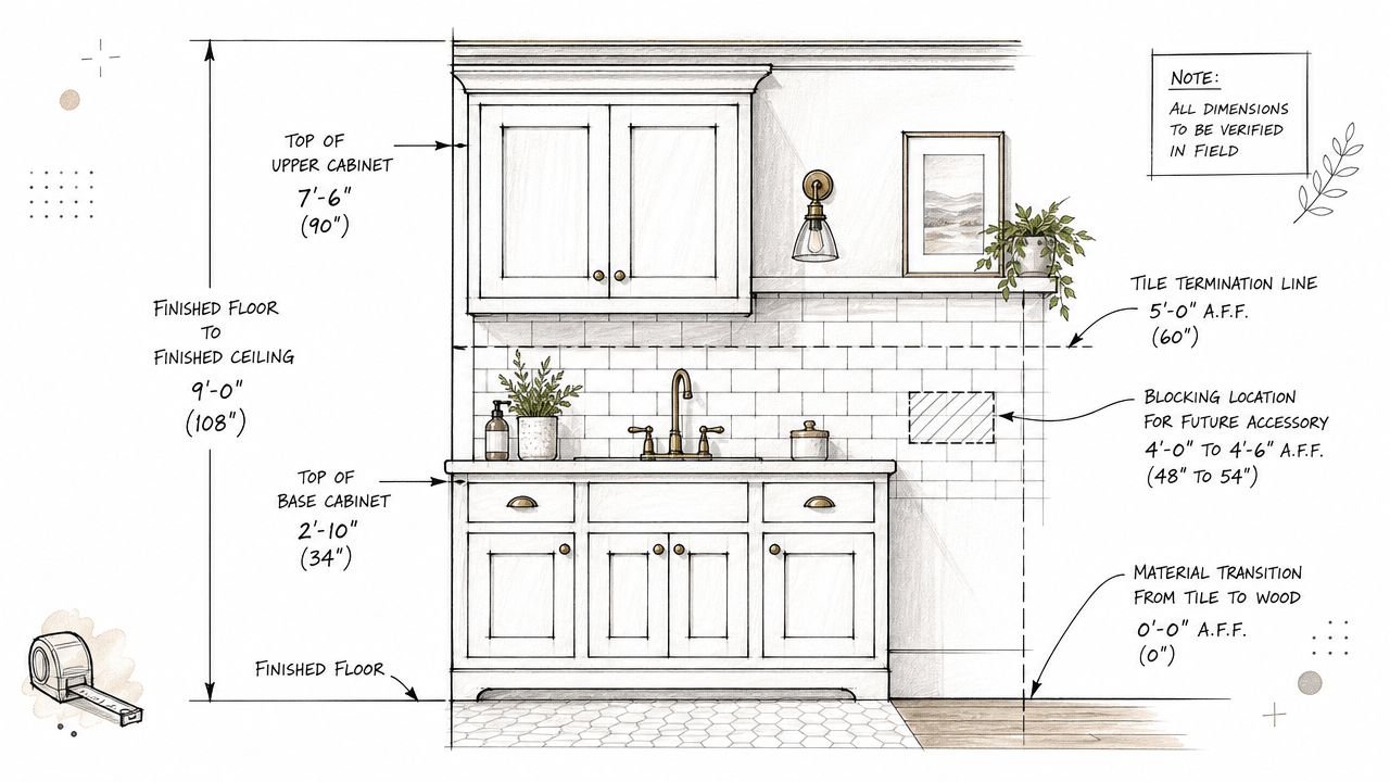 A detailed architectural interior elevation drawing of a bathroom vanity with cabinet dimensions and tile backsplash notes.
