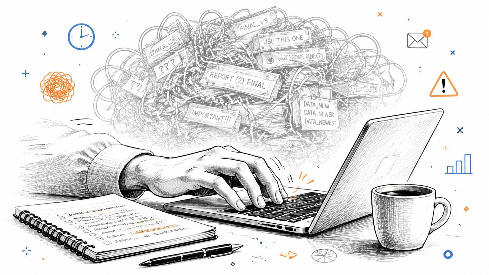 A hand typing on a laptop with a chaotic swirl of project file labels above the screen.