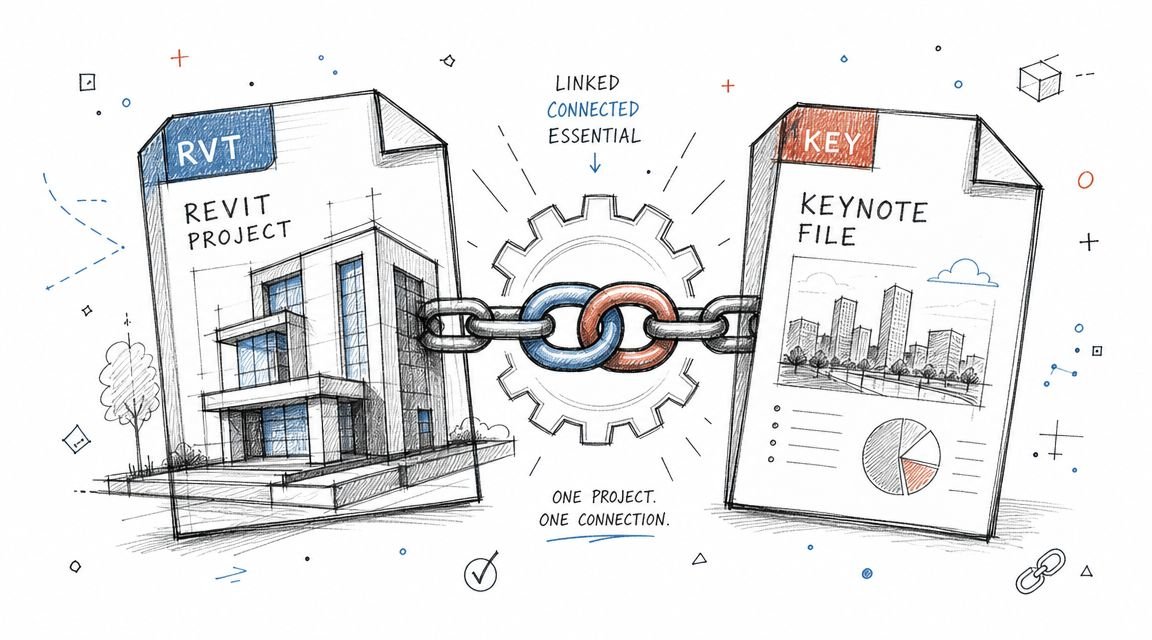A hand-drawn illustration showing a Revit project file linked to a keynote file by a chain.