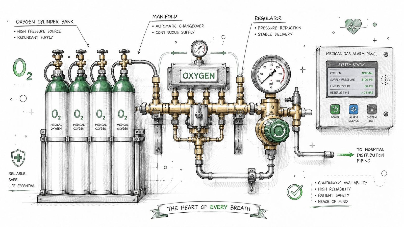 A detailed technical illustration of a hospital medical oxygen cylinder bank and distribution system.