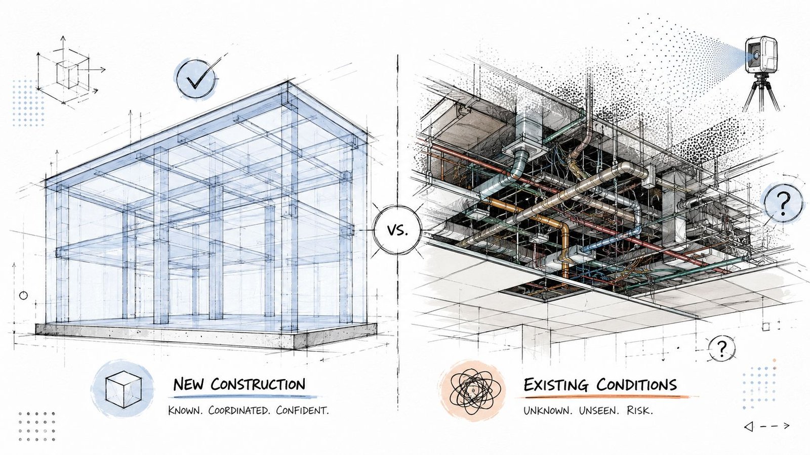 A split illustration comparing organized new construction design with complex, unknown existing building utility conditions.