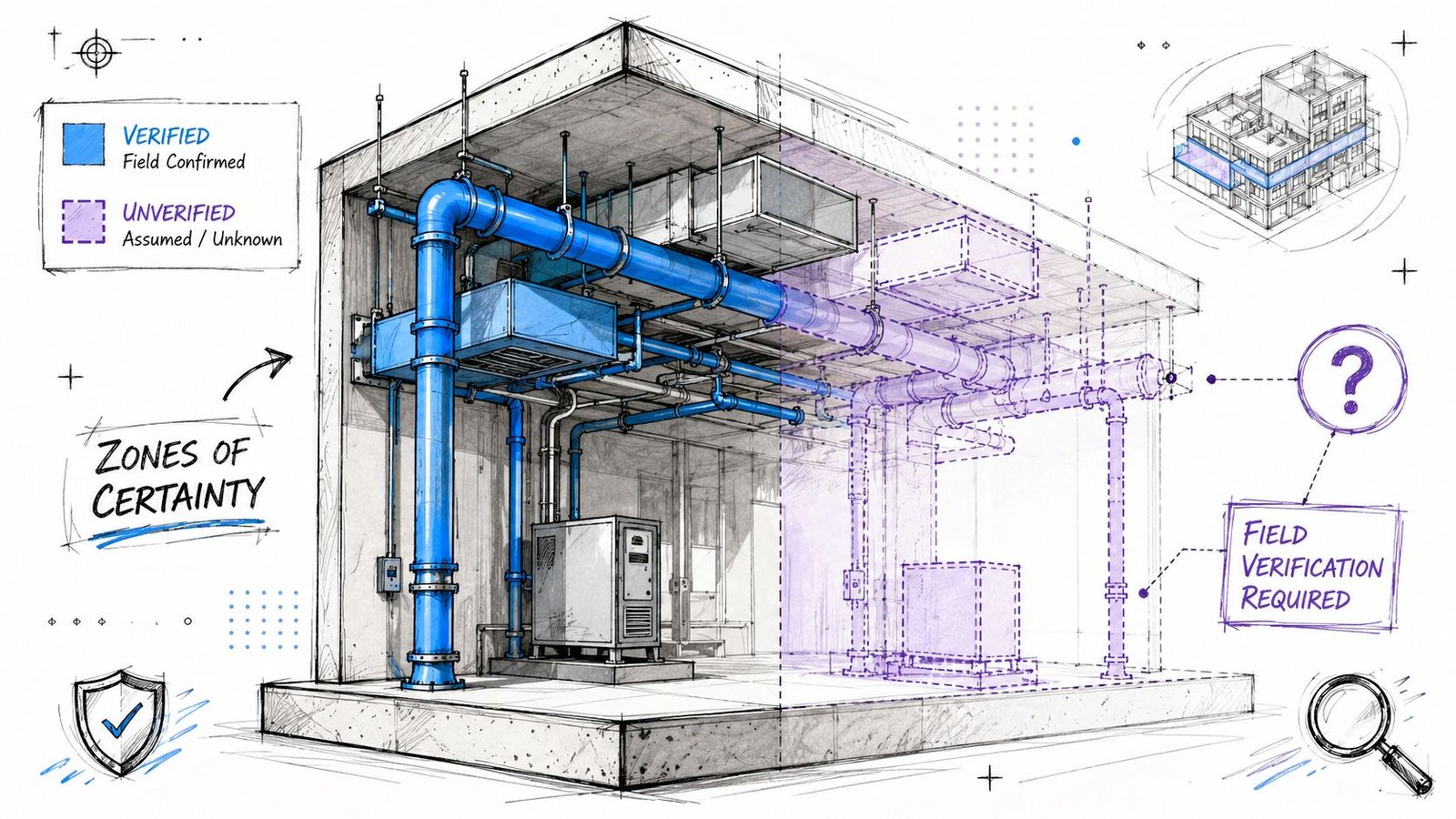 A technical architectural drawing showing MEP coordination with verified blue pipes and unverified dashed purple elements.