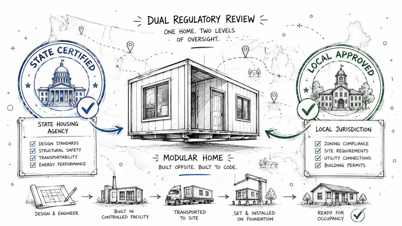 An infographic illustrating the dual regulatory review process for modular housing from factory to occupancy.
