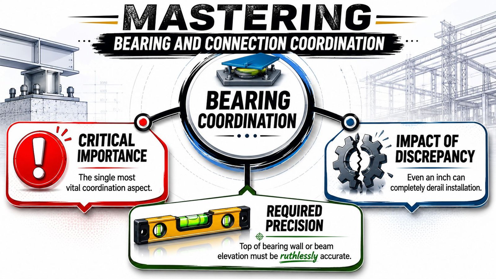 An infographic titled Mastering Bearing and Connection Coordination explaining the critical importance and precision required for structural installation.