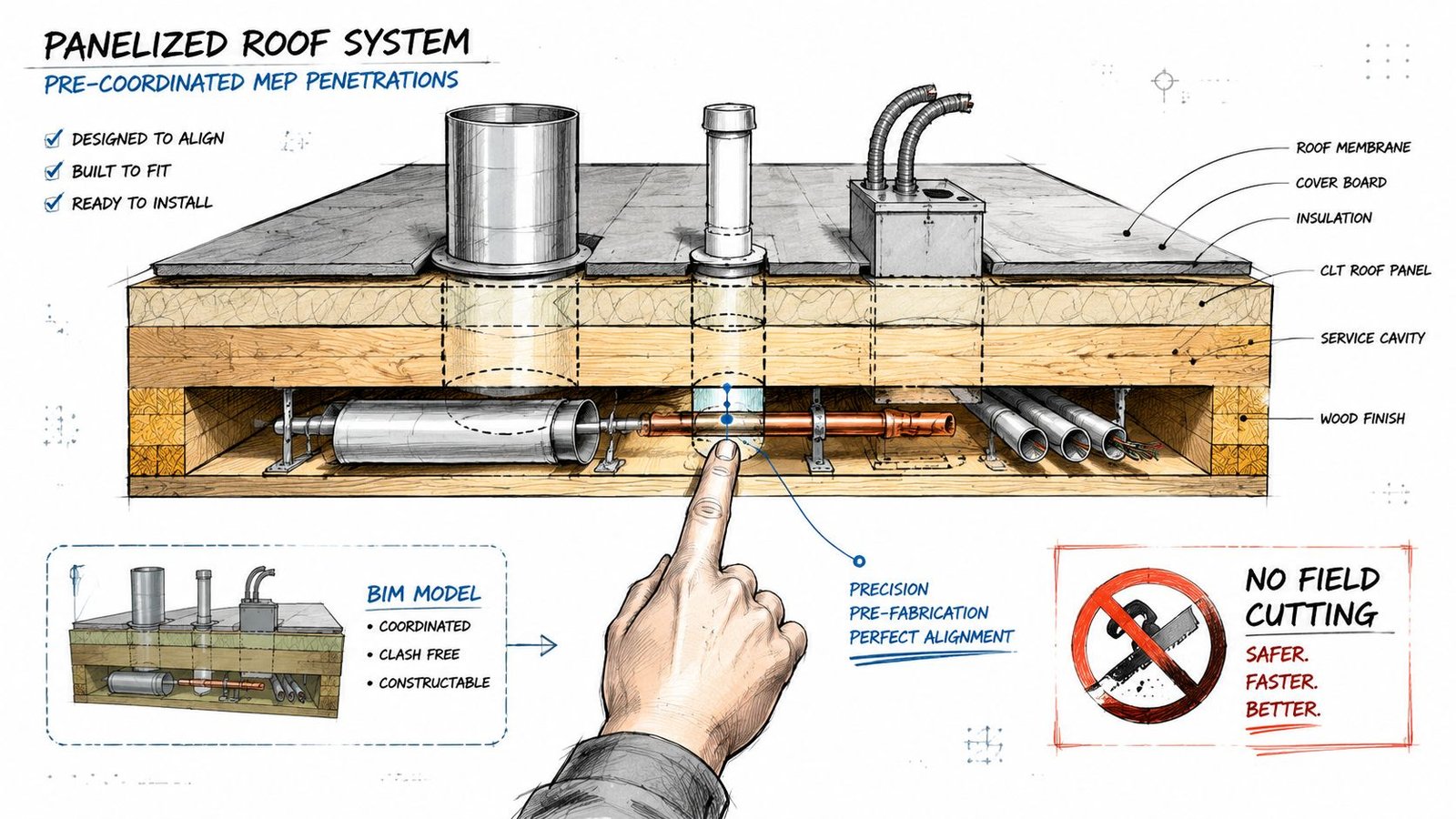 An illustrative diagram of a panelized roof system demonstrating pre-coordinated MEP penetrations and pre-fabrication benefits.