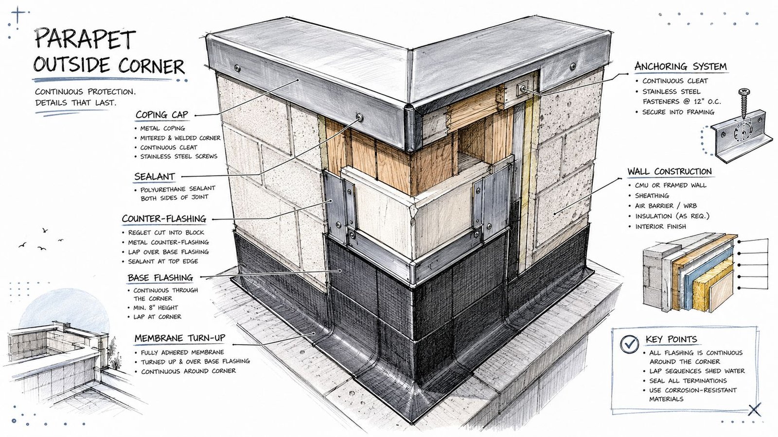 A detailed technical drawing showing the assembly and components of a building parapet outside corner construction.