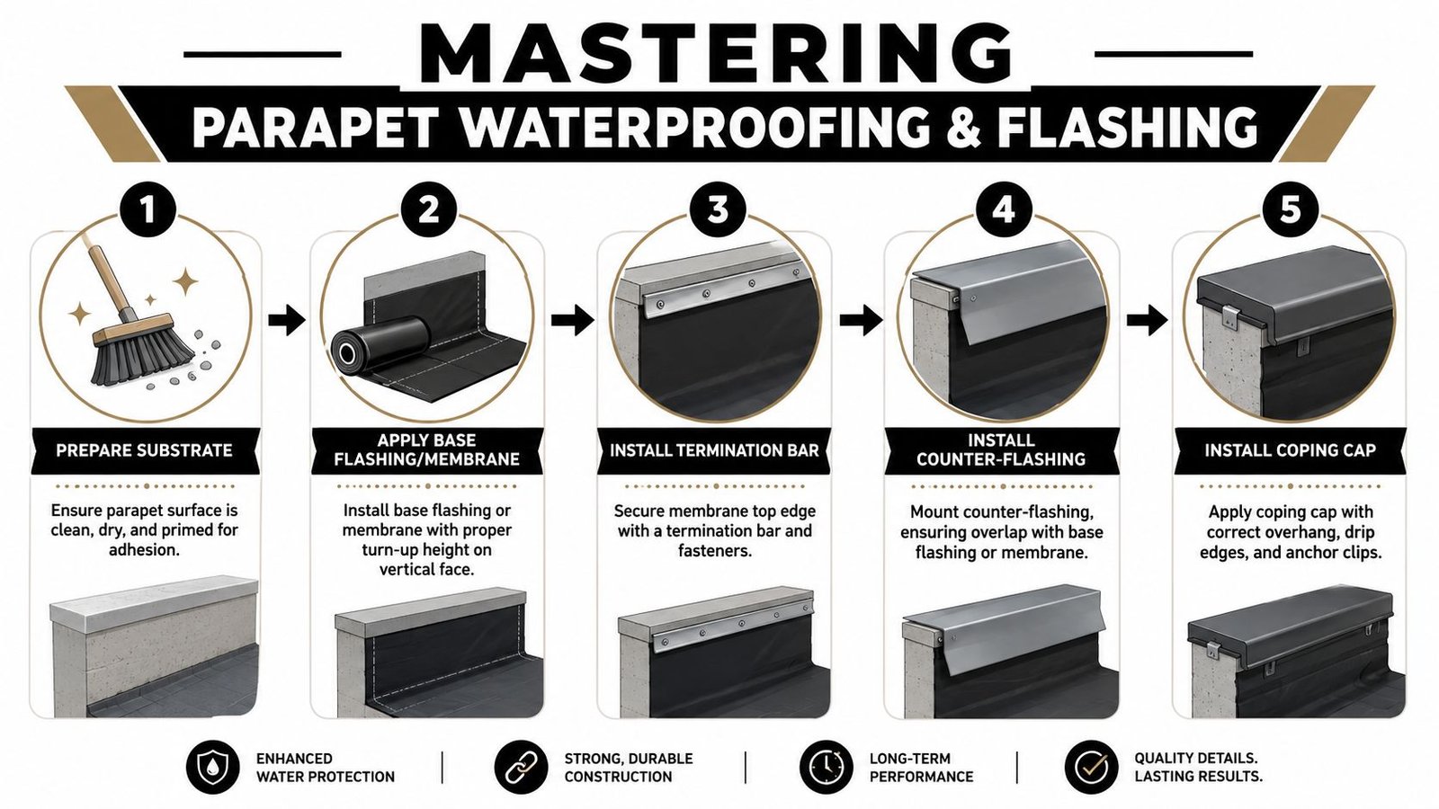 A five-step instructional guide on the professional process of installing waterproofing and flashing on a roof parapet.