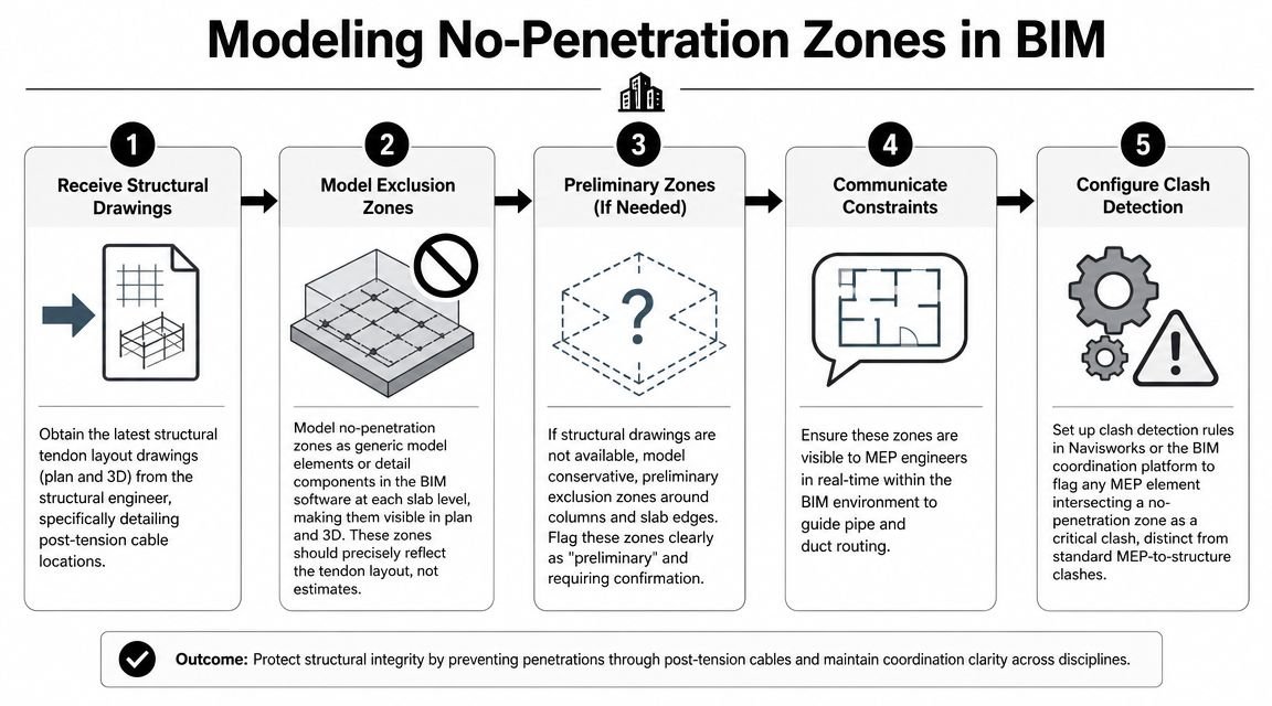 A five-step workflow chart illustrating how to model no-penetration zones for post-tension concrete slabs in BIM.