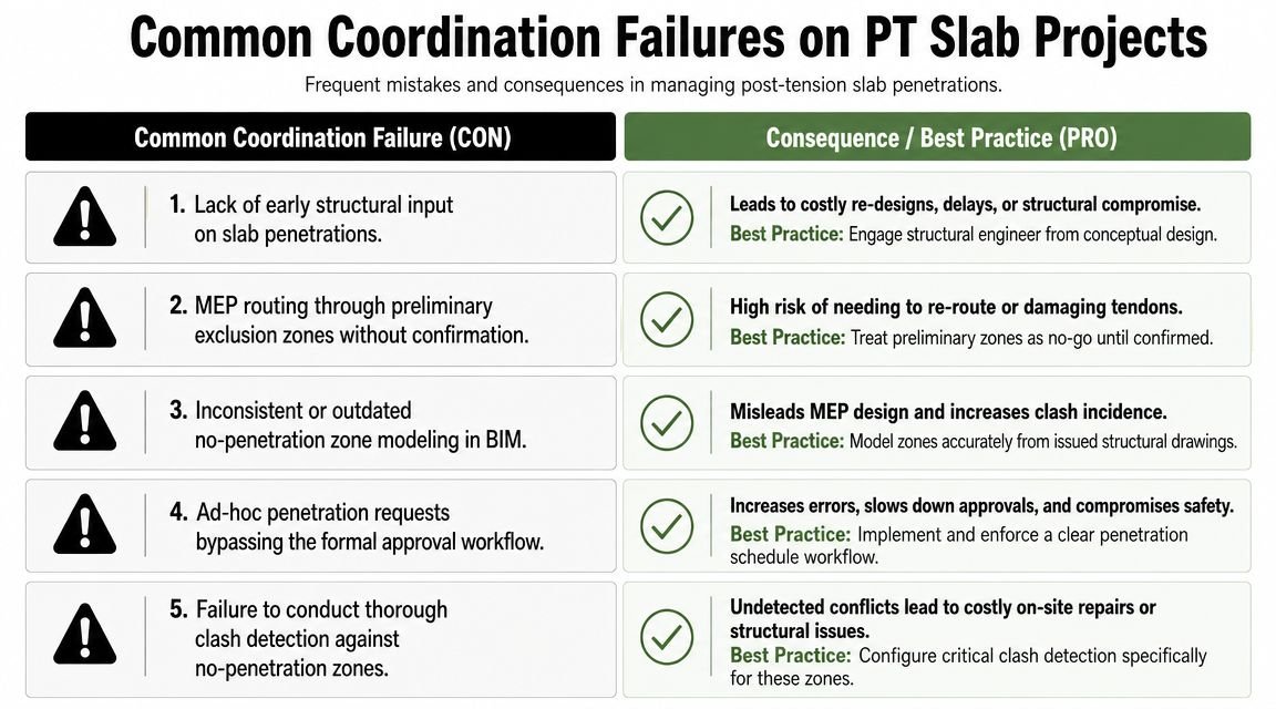 A chart showing five common coordination failures on post-tension slab projects and their corresponding best practice solutions.