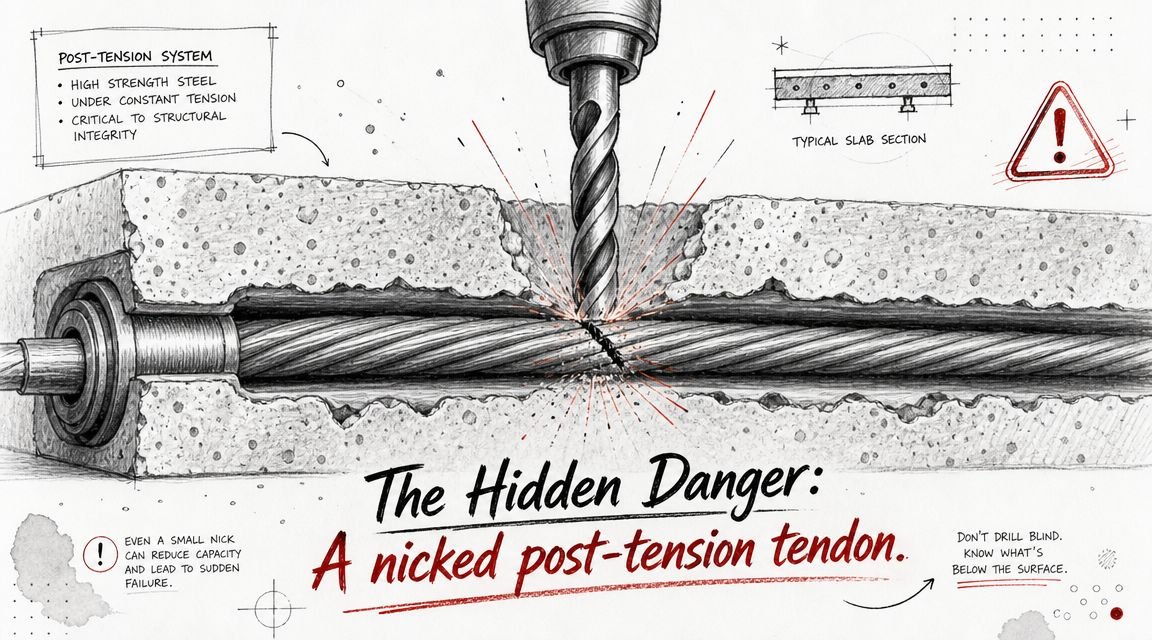 A diagram showing a drill bit cutting into a post-tension cable inside a concrete slab.