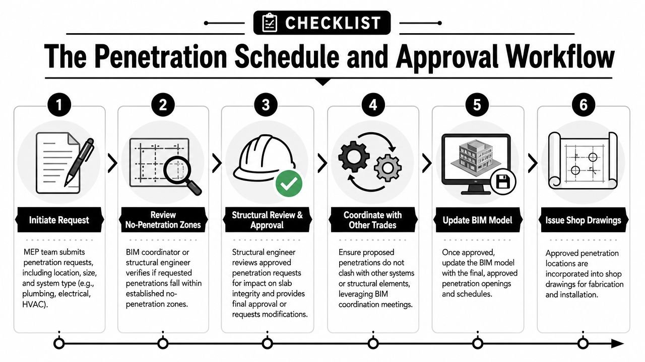 A six-step checklist diagram outlining the professional workflow for scheduling and approving construction penetrations in buildings.