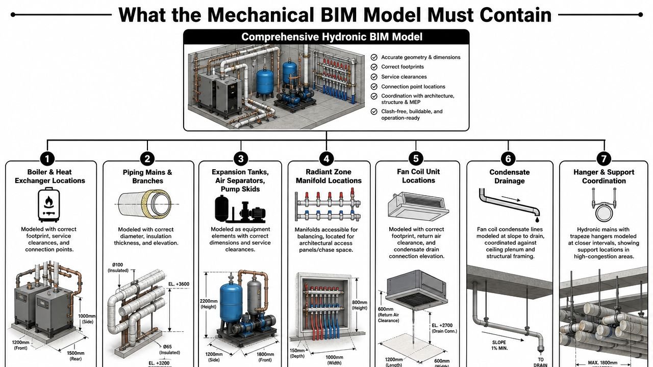 A diagram illustrating the seven essential components required for a comprehensive mechanical hydronic BIM model design.