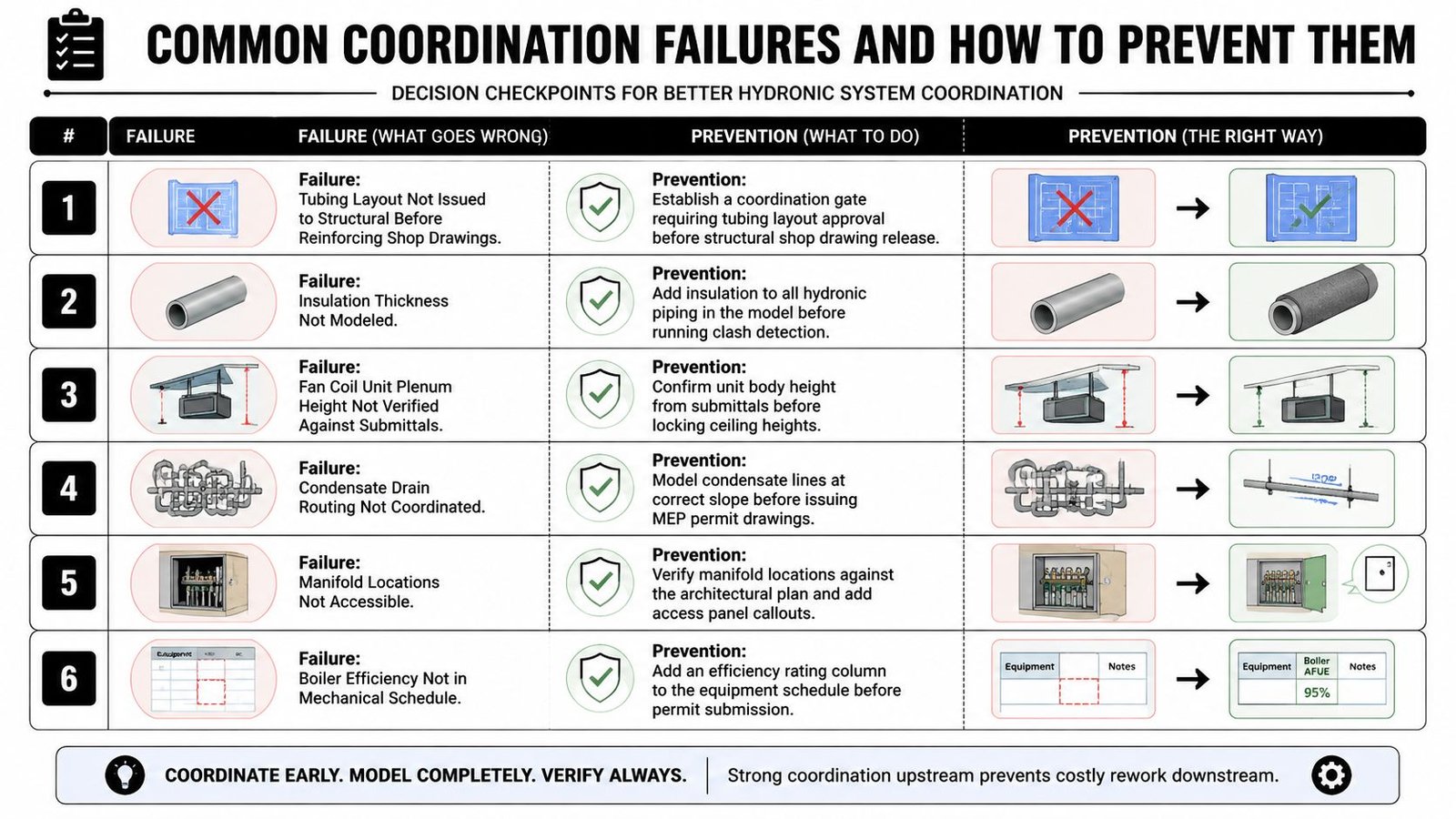 A chart illustrating six common coordination failures in hydronic system design and their corresponding preventative measures.