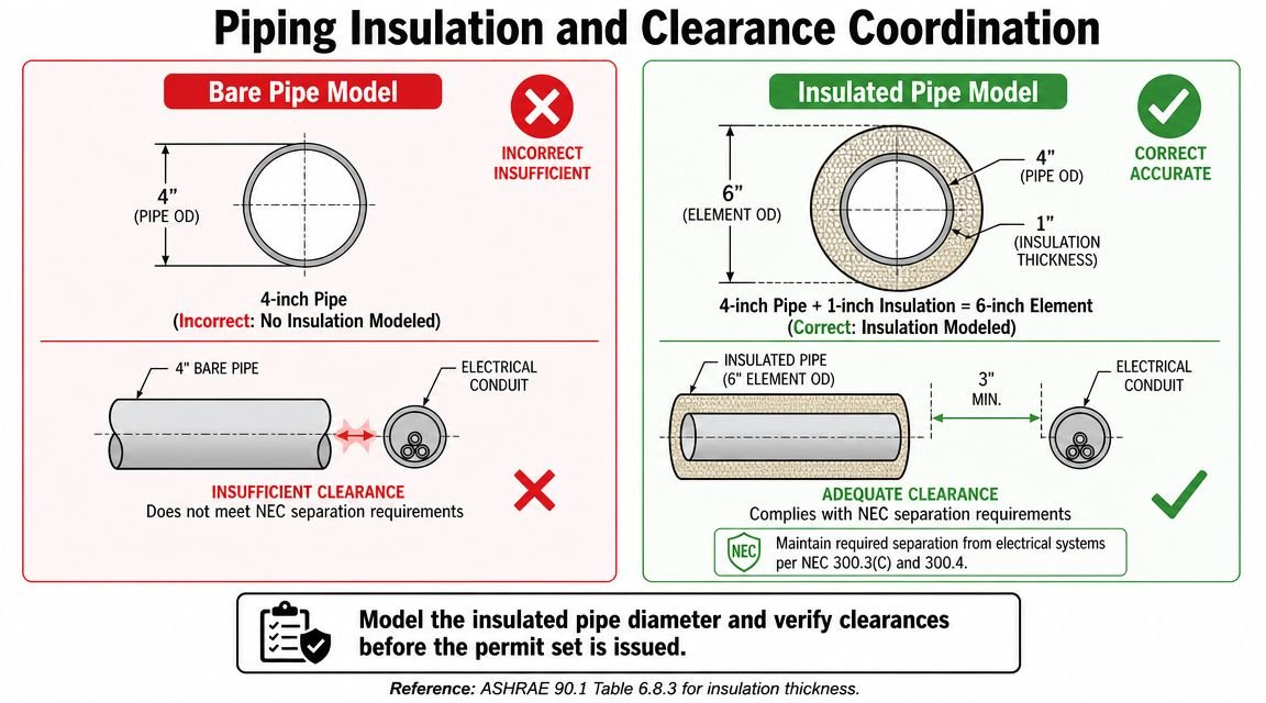 A technical diagram illustrating the correct method for modeling insulated pipes to ensure adequate clearance from electrical conduits.