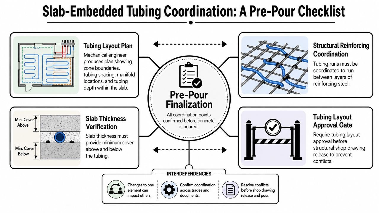A checklist diagram for coordinating slab-embedded tubing systems in radiant hydronic floor heating installations.