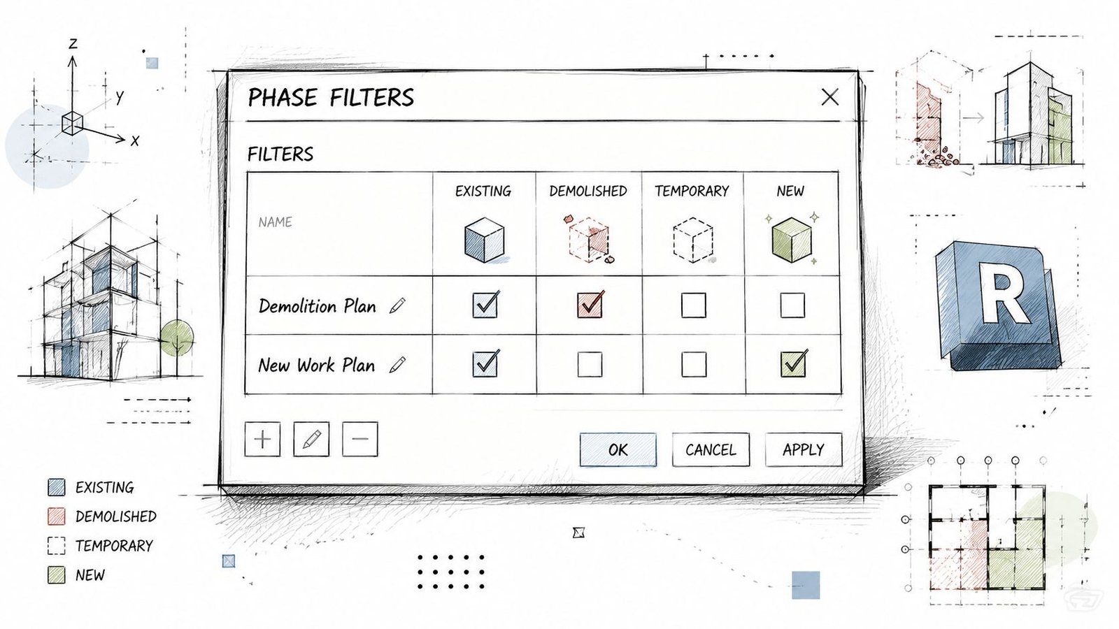 A hand-drawn style interface window titled Phase Filters showing settings for Demolition and New Work plans.