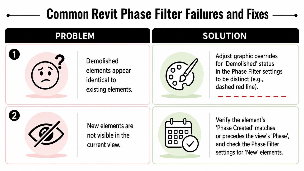 A chart showing common Revit phase filter problems and solutions for demolished and new building elements.