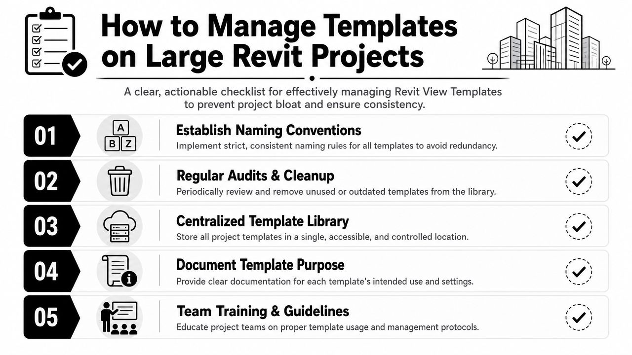 A clear checklist infographic on how to manage Revit view templates for large construction projects effectively.