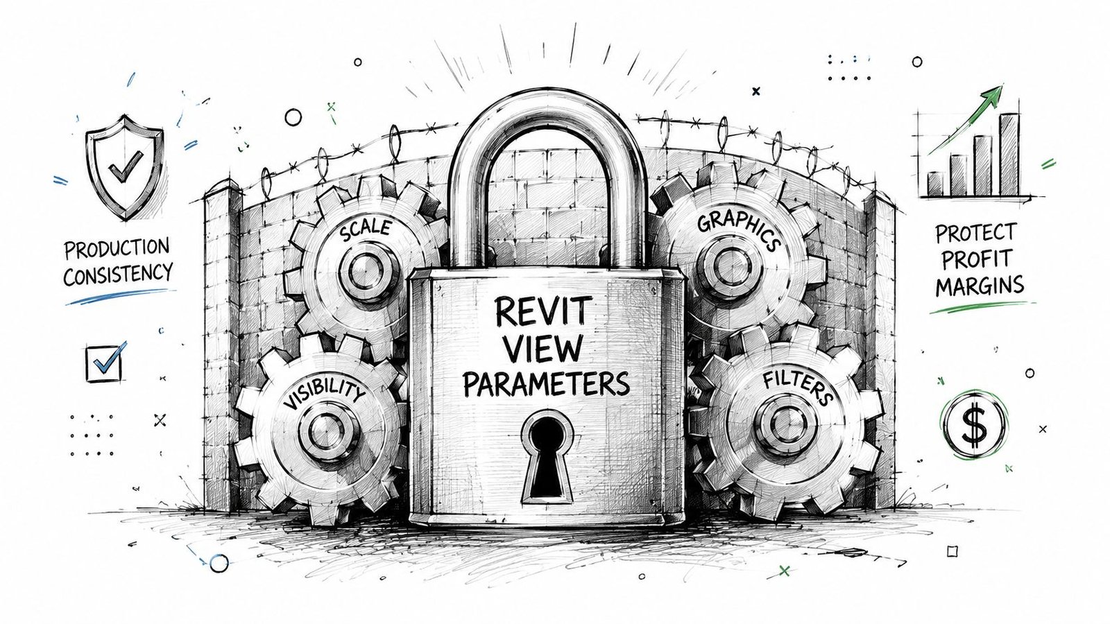 A hand-drawn sketch of a padlock protecting Revit view parameters with surrounding gears and production icons.