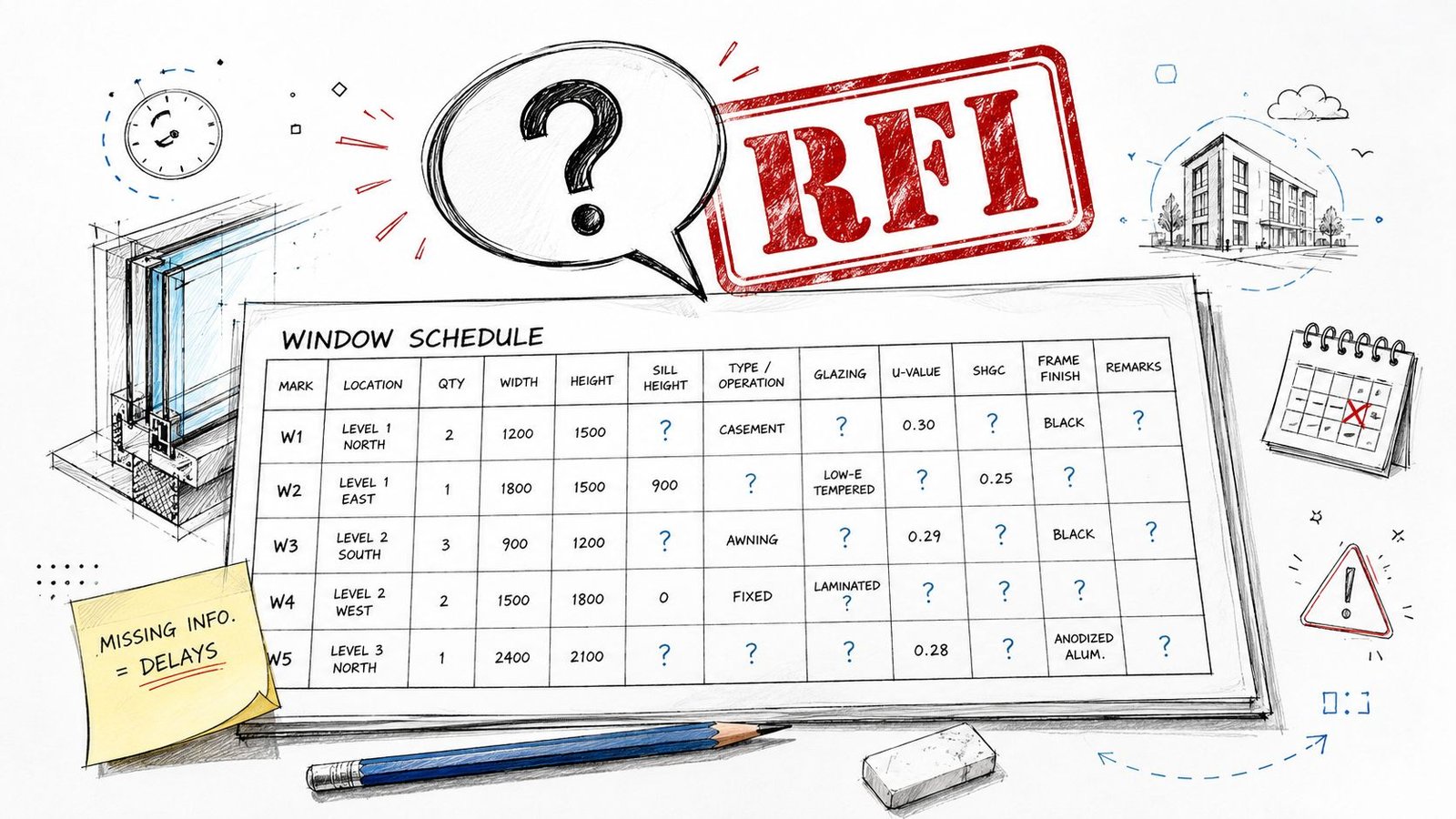 A conceptual illustration of an incomplete construction window schedule with question marks highlighting missing data and delays.