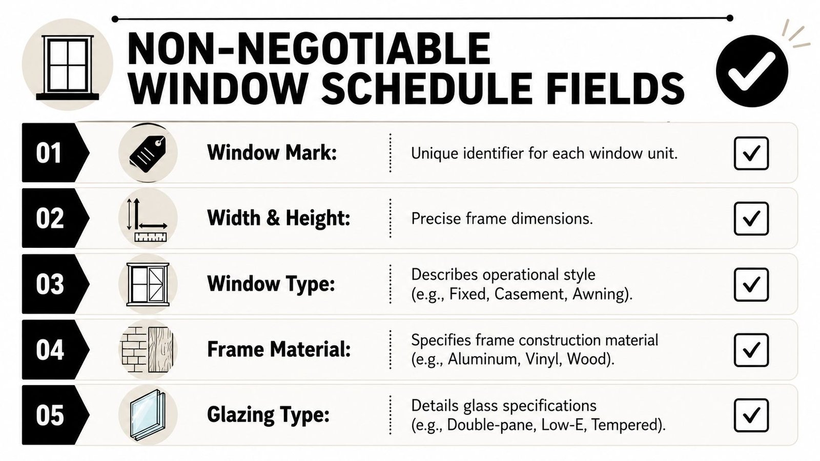A list of five essential fields required for a professional architectural window schedule in a building project.