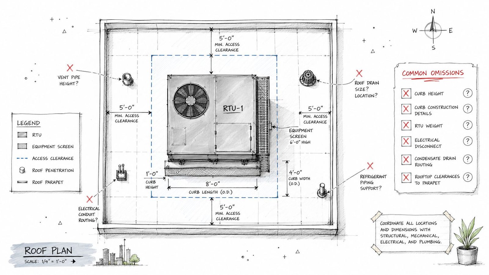 A detailed architectural roof plan sketch showing an HVAC unit with dimensions and common design omissions noted.