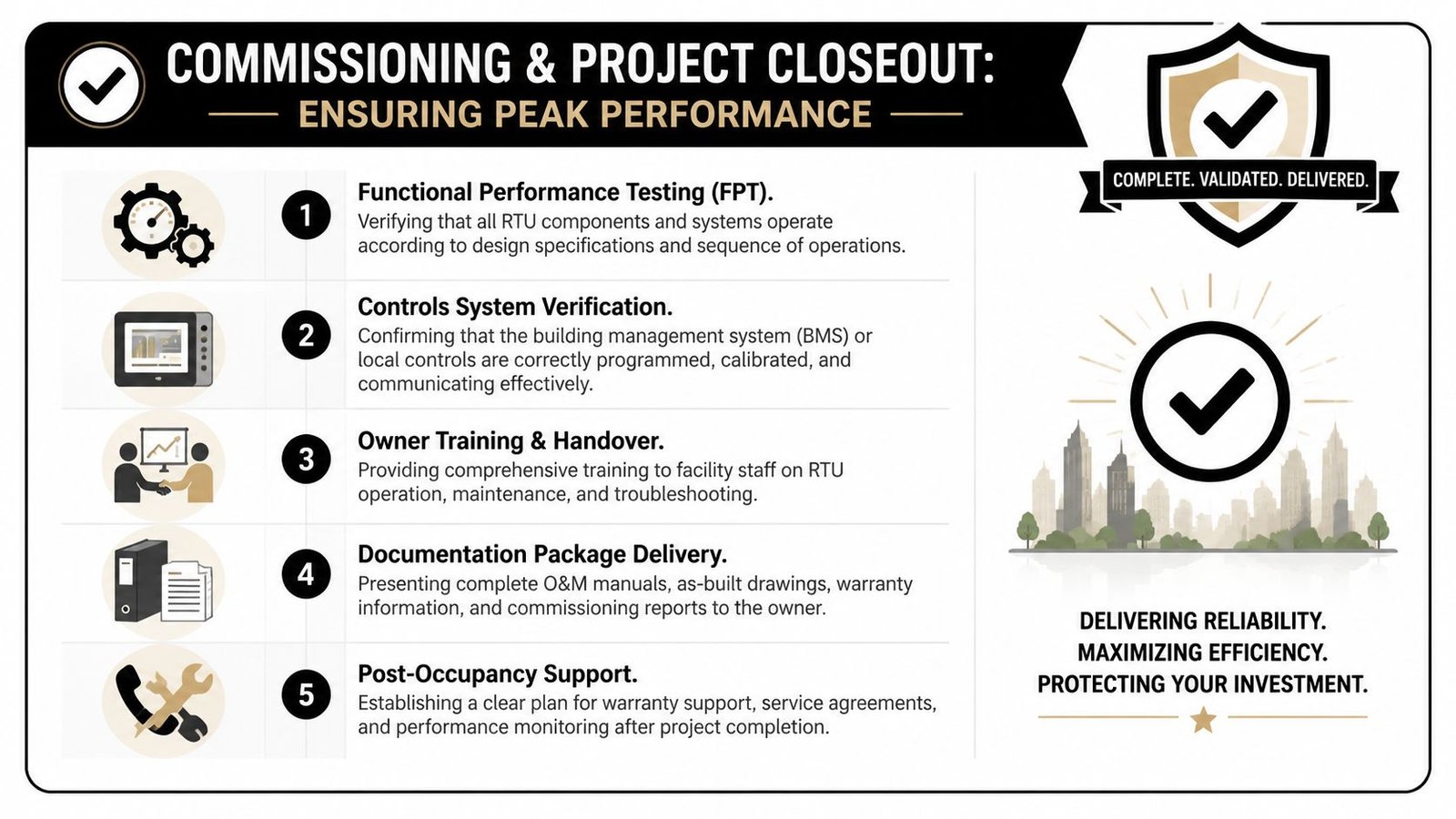 A five-step infographic detailing the commissioning and project closeout process for rooftop units in building systems.