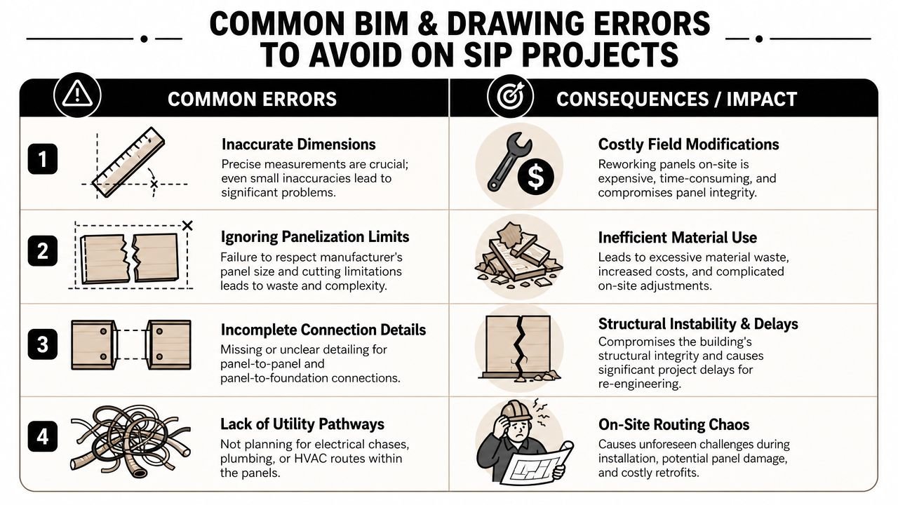 A chart illustrating four common BIM and drawing errors to avoid when designing structural insulated panels.