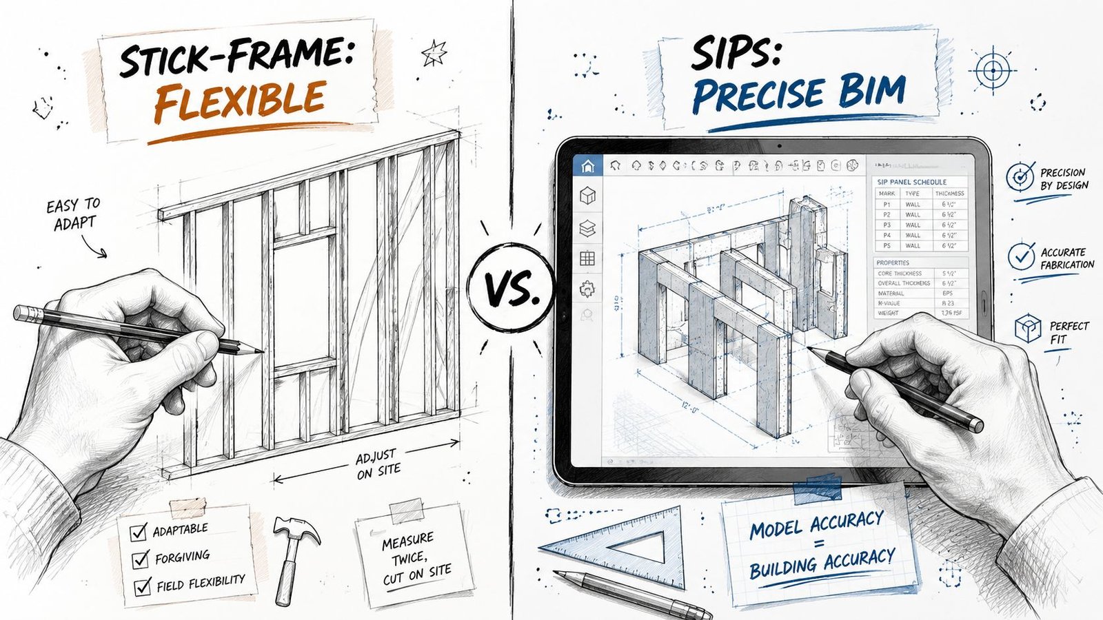 A split-screen comparison illustration showing traditional stick-frame construction versus precise SIPs BIM panel design and fabrication.